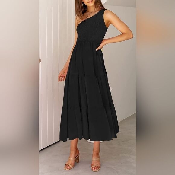 NWT Summer Boho One Shoulder Sleeveless Ruffle Beach Party Tiered Midi Dress - Picture 6 of 9